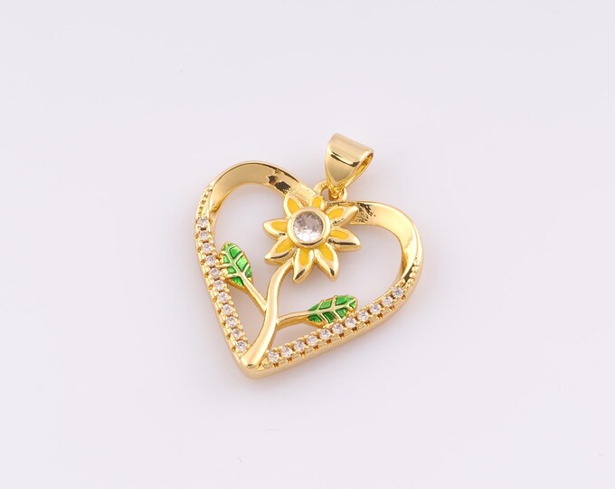 1 pcs Gold Enamel Sunflower Pendant,18K Gold Filled CZ Heart Charm Plant Charms,DIY Bracelet Necklace Jewelry Making Findings Supply