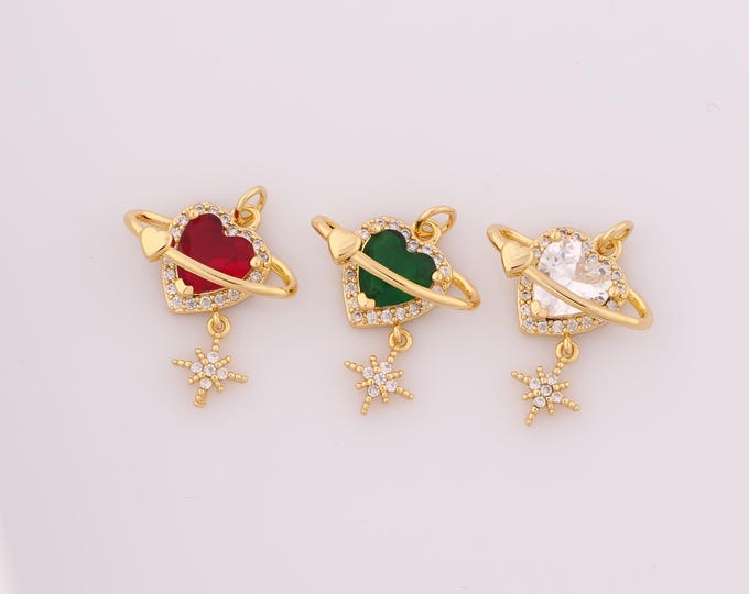 1 pcs Gold  Heart Pendant,18K Gold Filled CZ Saturn Charm,Star Charm DIY Bracelet Necklace Jewelry Making Findings Supply