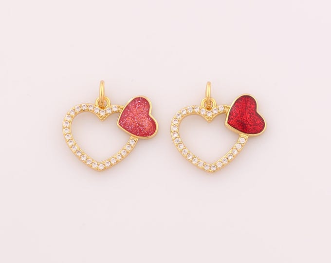 1 pcs Gold Enamel Hollow Heart Pendant,18K Gold Filled Love Charm,CZ Heart Charms DIY Bracelet Necklace Jewelry Making Findings Supply
