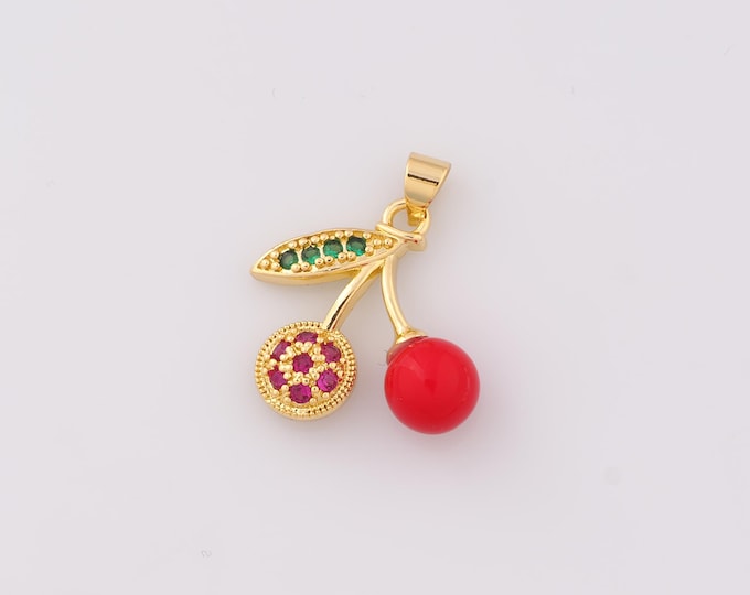 1 pcs Gold Enamel Cherry Pendant,18K Gold Filled CZ Fruit Charm,Cherry Charms,DIY Bracelet Necklace Jewelry Making Findings Supply