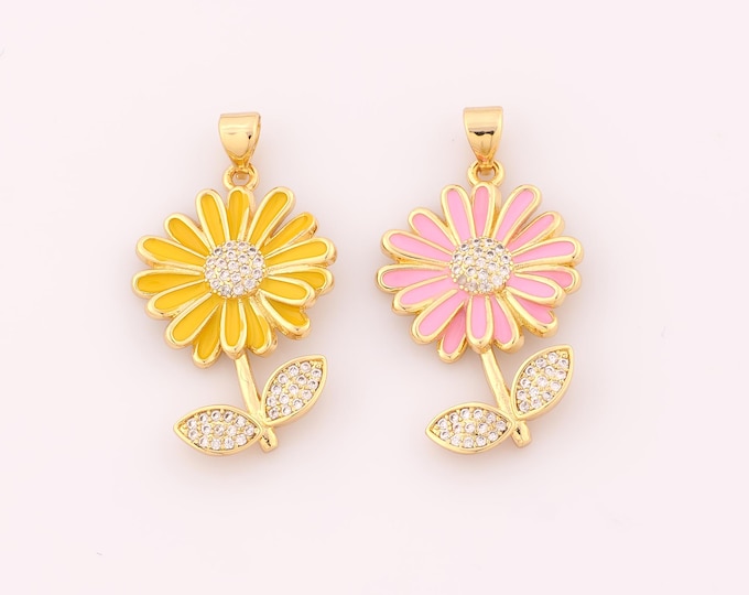 1 pcs Gold CZ Sunflower Pendant,18K Gold Filled Sun Flower Charm,Enamel Sunflower Charms DIY Bracelet Necklace Jewelry Making Finding Supply