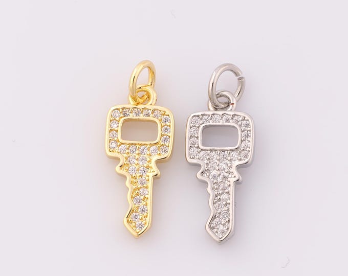 1 pcs Gold CZ Key Pendant,18K Gold Filled Key Charm,Key Charm DIY Bracelet Necklace Jewelry Making Findings Supply
