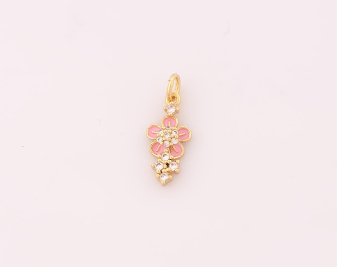 1 pcs Gold CZ Flower Pendant,18K Gold Filled Flower Charm,Enamel Flower Charms DIY Bracelet Necklace Jewelry Making Findings Supply