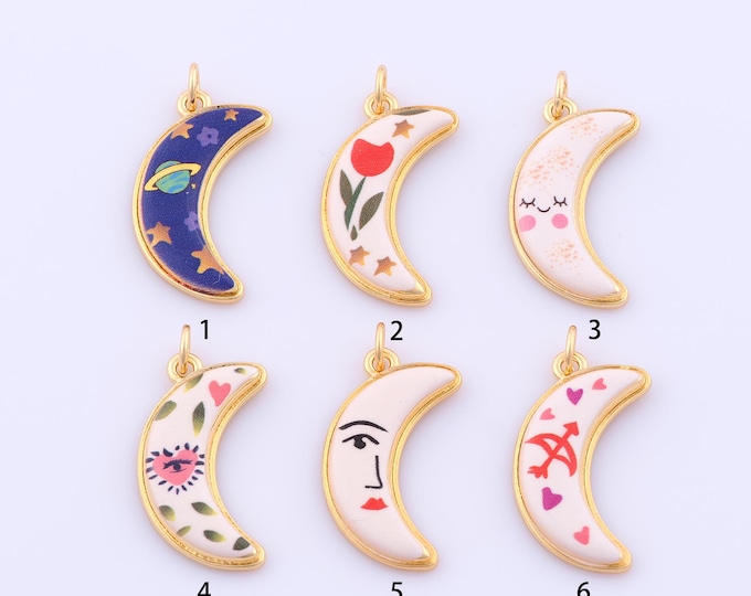 1 pcs Gold Enamel Crescent Moon Pendant,18K Gold Filled Saturn Charm,Star Flower Charms DIY Bracelet Necklace Jewelry Making Findings Supply