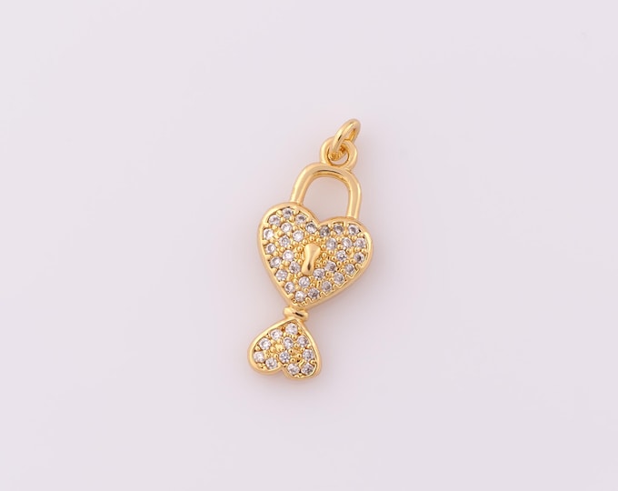 1 pcs Gold CZ Lock Pendant,18K Gold Filled Heart Charm,Key Charm DIY Bracelet Necklace Jewelry Making Findings Supply