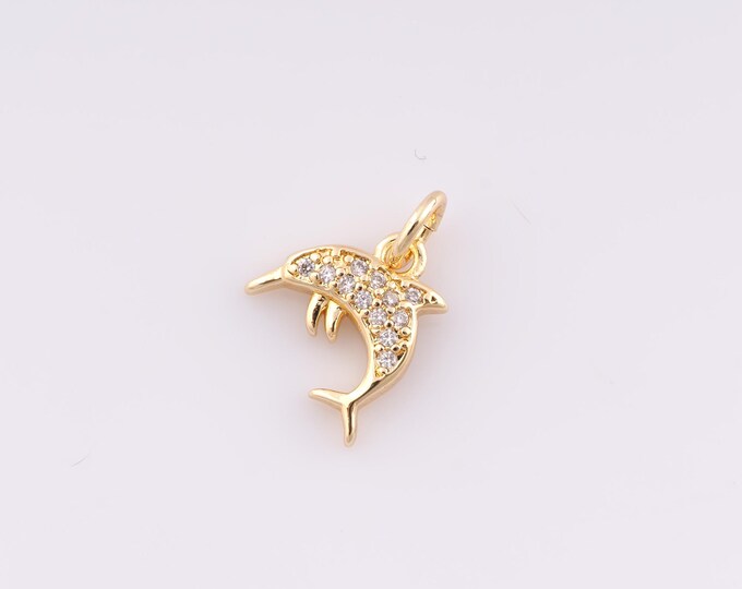 1 pcs Gold CZ Dolphin Pendant,18K Gold Filled Marine Life Charm,Dolphin Charms,DIY Bracelet Necklace Jewelry Making Findings Supply