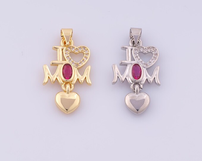 1 pcs Gold CZ I Love MOM Pendant,18K Gold Filled Heart Charm,Letter Charms DIY Bracelet Necklace Jewelry Making Findings Supply