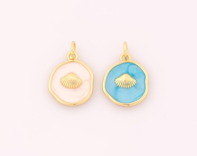1 pcs Gold Enamel Shell Pendant,18K Gold Filled Round Charm,Shell Charms DIY Bracelet Necklace Jewelry Making Findings Supply