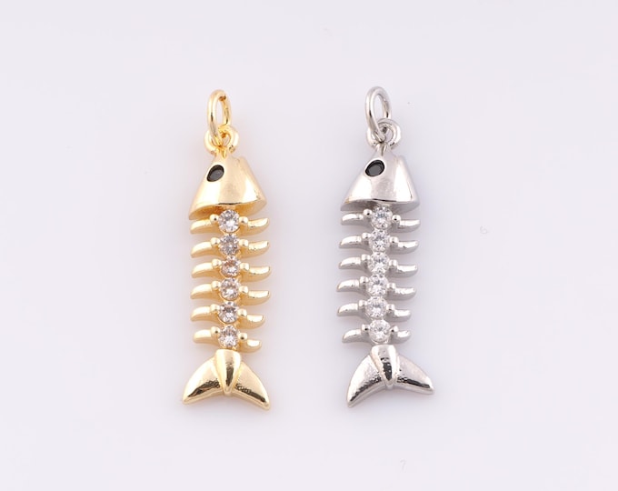 1 pcs Gold CZ Fishbone Pendant,18K Gold Filled Minimalist Charm,Fishbone Charms,DIY Bracelet Necklace Jewelry Making Findings Supply