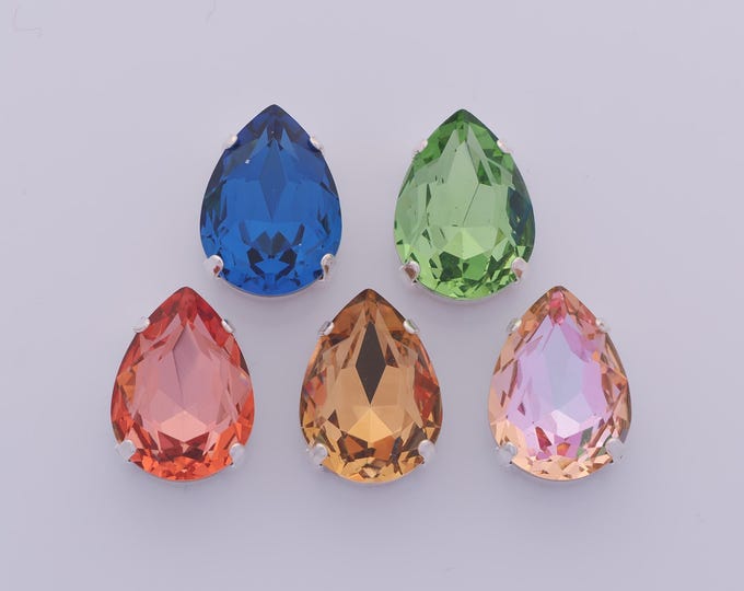5 pcs Mix Random Colors Pear Crystal Beads,Stones in Metal Setting,Austrian Crystal,Made in Austria DIY Necklace Jewelry Making Supply