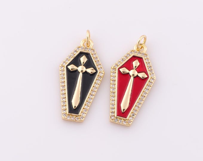 1 pcs Gold CZ Cross Pendant,18K Gold Filled Coffin Charm,Christian Charm DIY Bracelet Necklace Jewelry Making Findings Supply