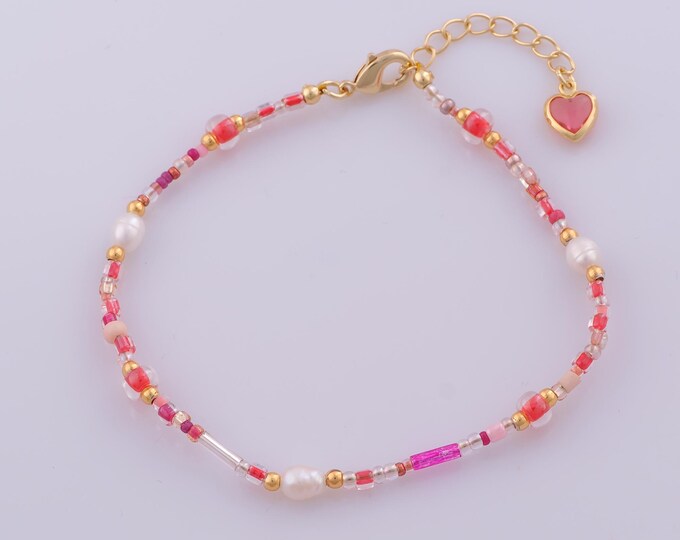 1 Str Gold Natural Stone Bracelet,18K Gold Filled Beaded Bracelet,Heart Extension ChainBracelet,Gift for Her