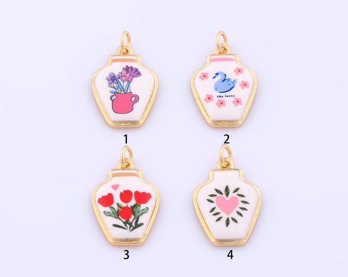 1 pcs Gold Enamel Vase Pendant,18K Gold Filled Heart Flower Charm,Swan Charms DIY Bracelet Necklace Jewelry Making Findings Supply
