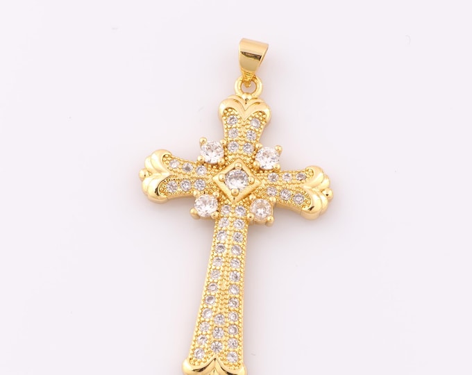 1 pcs Gold CZ Cross Pendant,18K Gold Filled Religious Charm,Christian Charm DIY Bracelet Necklace Jewelry Making Findings Supply