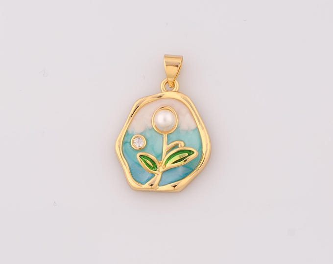 1 pcs Gold Enamel Flower Pendant,18K Gold Filled Flower Charm Flower Charms,DIY Bracelet Necklace Jewelry Making Findings Supply