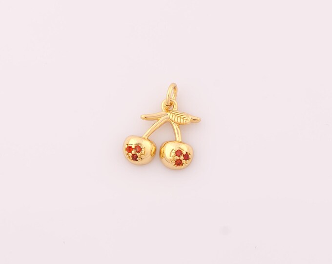 1 pcs Gold Cherry Pendant,18K Gold Filled Fruit Charm,CZ Cherry Charms DIY Bracelet Necklace Jewelry Making Findings Supply