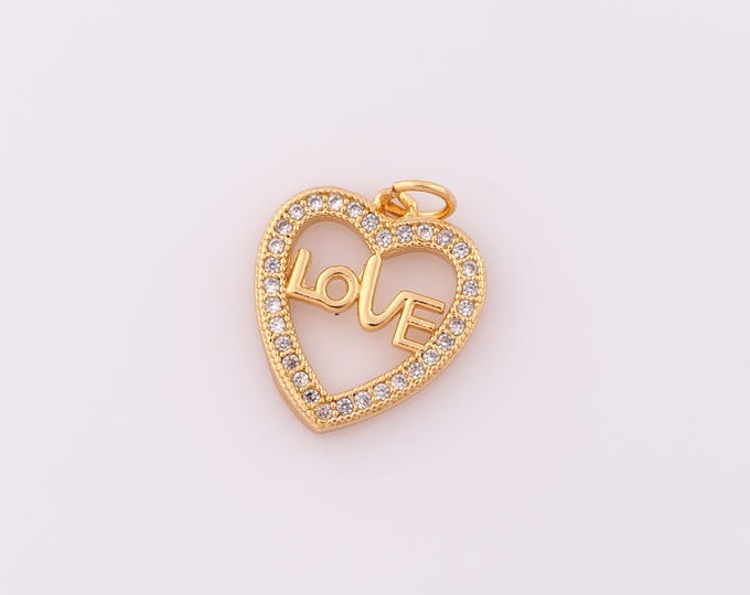 1 pcs Gold CZ Heart Pendant,18K Gold Filled LOVE Charm,Letter Charm DIY Bracelet Necklace Jewelry Making Findings Supply