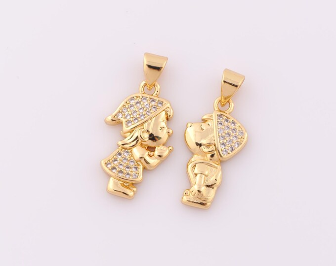 1 pcs Gold CZ Character Pendant,18K Gold Filled Boy Charm,Girl Charm DIY Bracelet Necklace Jewelry Making Findings Supply