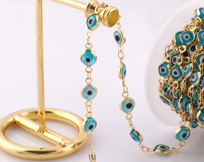 1 Meter Gold Evil Eye Chain, 18K Gold Filled Semi Finished Chain, Specialty Chains, DIY Jewelry Making Supplies