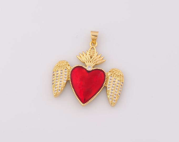 1 pcs Gold CZ Heart Pendant,18K Gold Filled Angel Wing Charm,Heart Charms,DIY Bracelet Necklace Jewelry Making Findings Supply