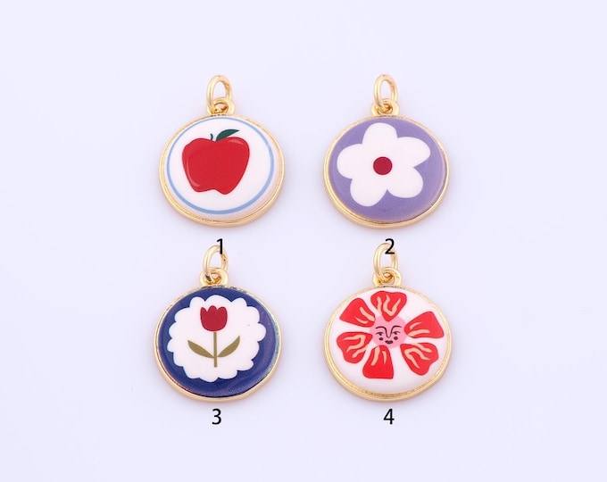 1 pcs Gold Enamel Round Medal Pendant,18K Gold Filled Apple Charm,Flower Charms DIY Bracelet Necklace Jewelry Making Findings Supply