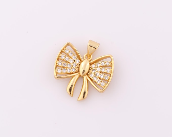1 pcs Gold CZ Bow Pendant,18K Gold Filled Bow Charm,Bow Charm DIY Bracelet Necklace Jewelry Making Findings Supply