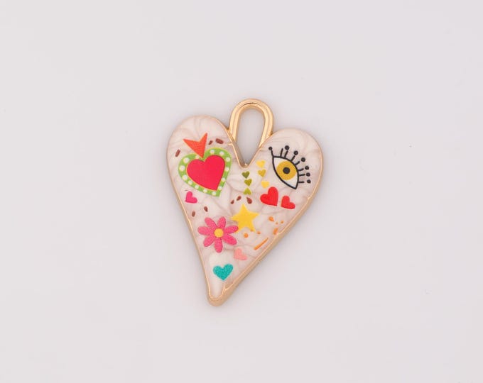 1 pcs Gold Enamel Heart Pendant,18K Gold Filled Flower Charm Evil Eye Charms,DIY Bracelet Necklace Jewelry Making Findings Supply
