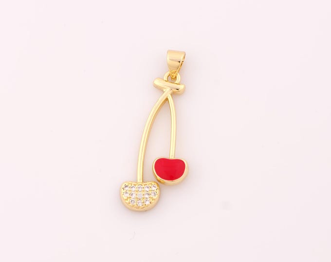 1 pcs Gold Enamel Cherry Pendant,18K Gold Filled Fruit Charm,CZ Heart Love Charms DIY Bracelet Necklace Jewelry Making Findings Supply
