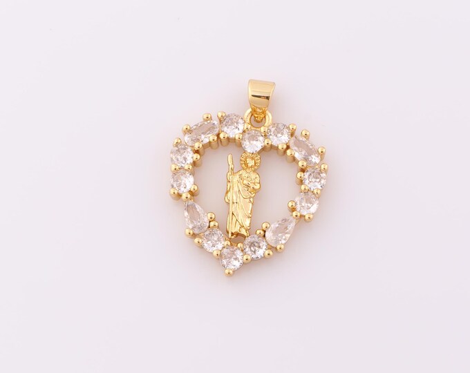 1 pcs Gold CZ St.Juda Pendant,18K Gold Filled Heart Charm,Saint Jude Charm DIY Bracelet Necklace Jewelry Making Findings Supply