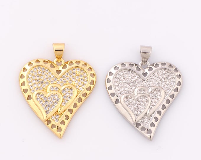 1 pcs Gold CZ Heart Pendant,18K Gold Filled Heart Charm,Heart Charm DIY Bracelet Necklace Jewelry Making Findings Supply