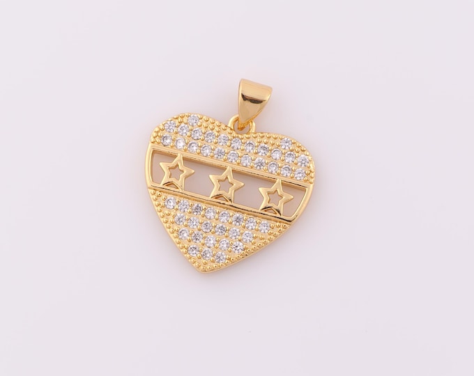 1 pcs Gold CZ Heart Pendant,18K Gold Filled Star Charm,Heart Charm DIY Bracelet Necklace Jewelry Making Findings Supply