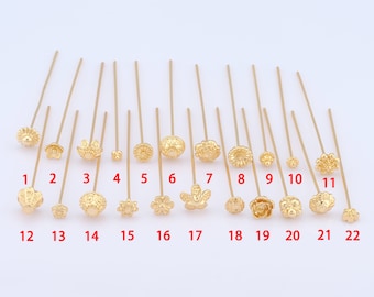 10 Stück Gold Blumen Kopf Pins, 18K Gold gefüllt Blumen Kopf Pins, Blumen Kopf Pins für DIY Schmuckherstellung Zubehör