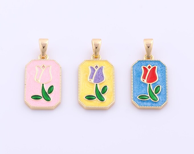 1 pcs Gold Enamel Tulip Pendant,18K Gold Filled Flower Charm,Tulip Charms DIY Bracelet Necklace Jewelry Making Findings Supply