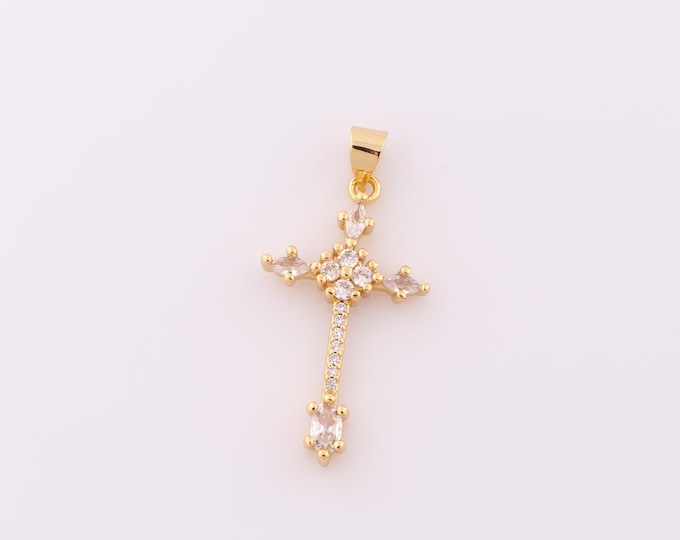 1 pcs Gold CZ Cross Pendant,18K Gold Filled Religion Charm,Christian Charm DIY Bracelet Necklace Jewelry Making Findings Supply