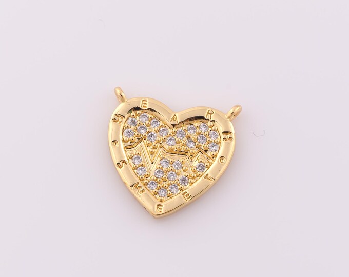 1 pcs Gold CZ Heart Pendant,18K Gold Filled Heartbeat Charm,Heart Charm DIY Bracelet Necklace Jewelry Making Findings Supply