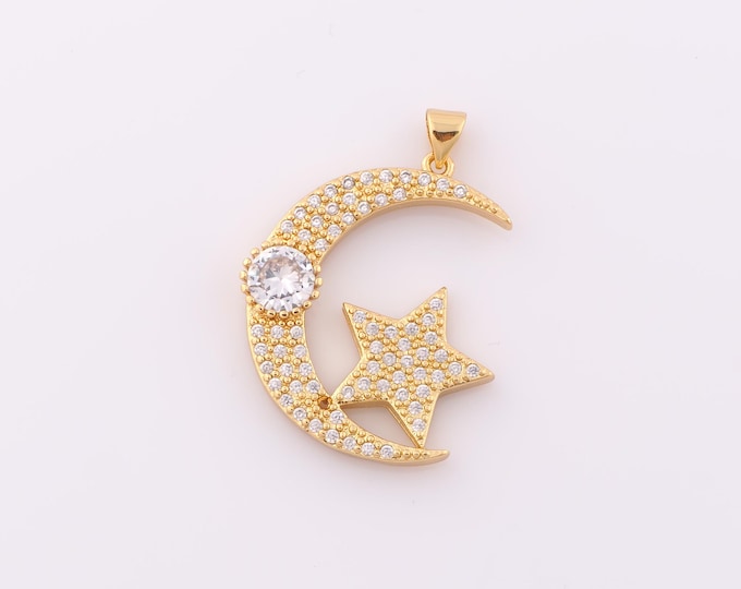 1 pcs Gold CZ Moon Pendant,18K Gold Filled Star Charm,Moon Charm DIY Bracelet Necklace Jewelry Making Findings Supply