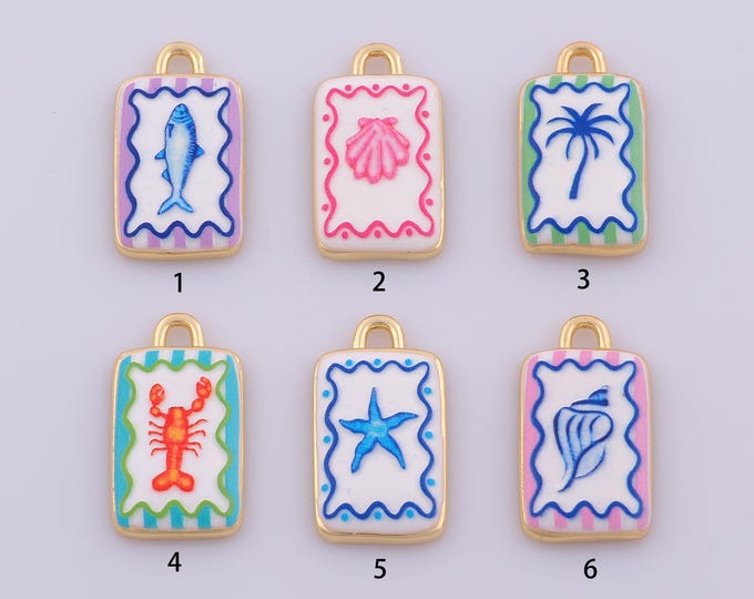 1 pcs Enamel Fish Lobster Pendant,18K Gold Filled Coconut Tree Conch Charm,Shell Starfish Charms DIY Necklace Jewelry Making Finding Supply