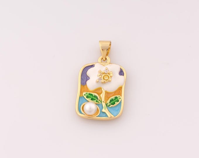 1 pcs Gold Enamel Flower Pendant,18K Gold Filled Square Charm,CZ Flower Charms DIY Bracelet Necklace Jewelry Making Findings Supply