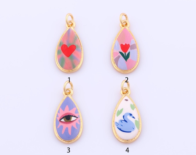1 pcs Gold Enamel Water Drop Pendant,18K Gold Filled Tear Drop Flower Charm,Swan Charms DIY Bracelet Necklace Jewelry Making Findings Supply