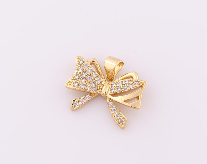 1 pcs Gold CZ Bow Pendant,18K Gold Filled Bow Charm,Bow Charm DIY Bracelet Necklace Jewelry Making Findings Supply
