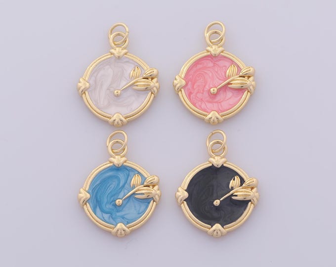 1 pcs Gold Enamel Flower Pendant,18K Gold Filled Round Charm,Leaf Charms DIY Bracelet Necklace Jewelry Making Findings Supply