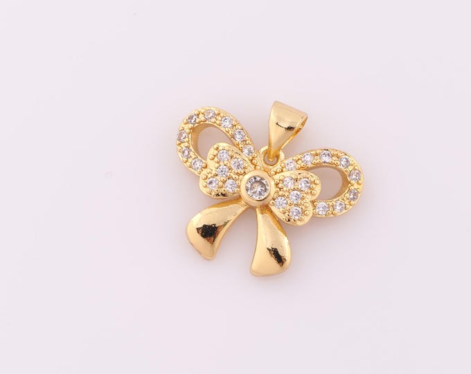 1 pcs Gold CZ Bow Pendant,18K Gold Filled Bow Charm,Bow Charm DIY Bracelet Necklace Jewelry Making Findings Supply