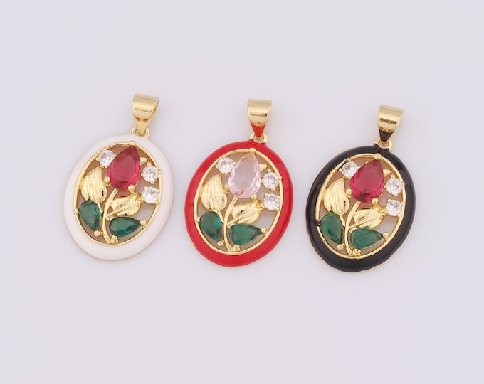1 pcs Gold Enamel Flower Pendant,18K Gold Filled CZ Oval Charm,Flower Charm DIY Bracelet Necklace Jewelry Making Findings Supply