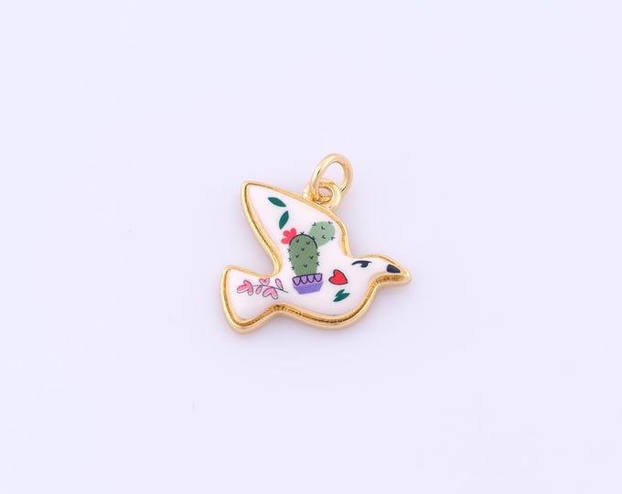 1 pcs Gold Enamel Peace Dove Pendant,18K Gold Filled Cactus Charm,Animal Charms DIY Bracelet Necklace Jewelry Making Findings Supply