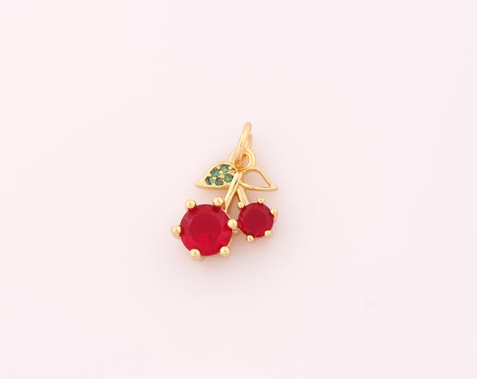 1 pcs Gold CZ Cherry Pendant,18K Gold Filled Fruit Charm,Cherry Charms DIY Bracelet Necklace Jewelry Making Findings Supply