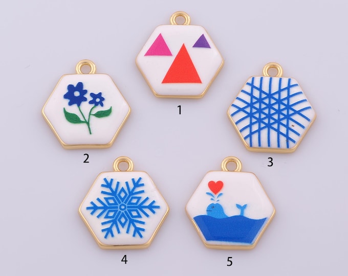 1 pcs Enamel Hexagonal Pendant,18K Gold Filled Snowflake Charm,Flower Charms DIY Necklace Jewelry Making Finding Supply