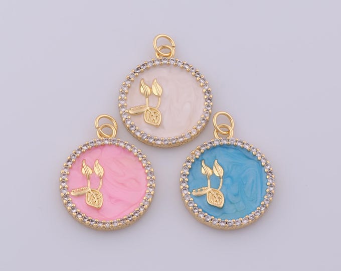 1 pcs Gold Enamel Round Pendant,18K Gold Filled Medal Charm,CZ Leaf Charms DIY Bracelet Necklace Jewelry Making Findings Supply