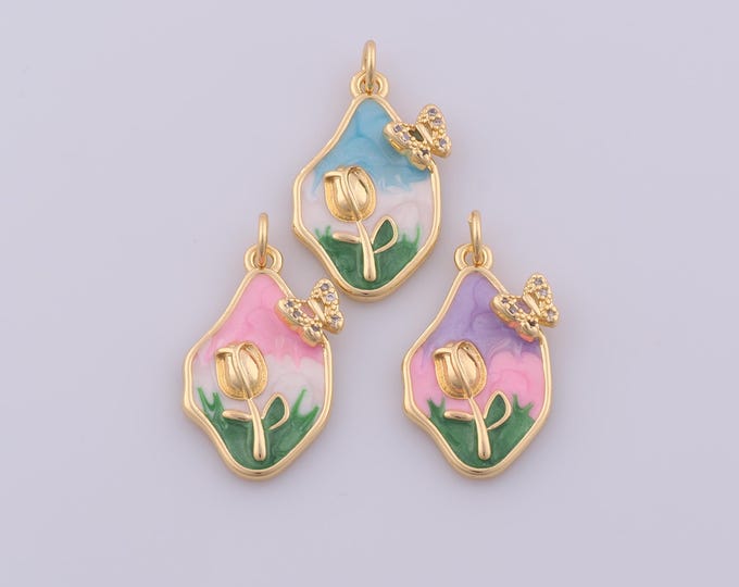 1 pcs Gold Enamel Rose Pendant,18K Gold Filled Flower Charm,CZ Butterfly Charms DIY Bracelet Necklace Jewelry Making Findings Supply