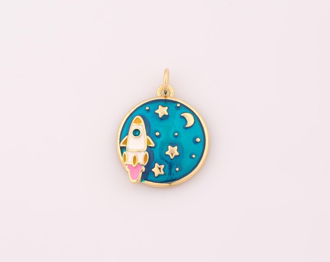 1 pcs Gold Enamel Rocket Pendant,18K Gold Filled Moon Star Charm,Round Charms DIY Bracelet Necklace Jewelry Making Findings Supply