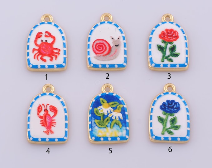 1 pcs Enamel Crab Lobster Pendant,18K Gold Filled Marine Life Charm,Snail Flower Charms DIY Necklace Jewelry Making Finding Supply